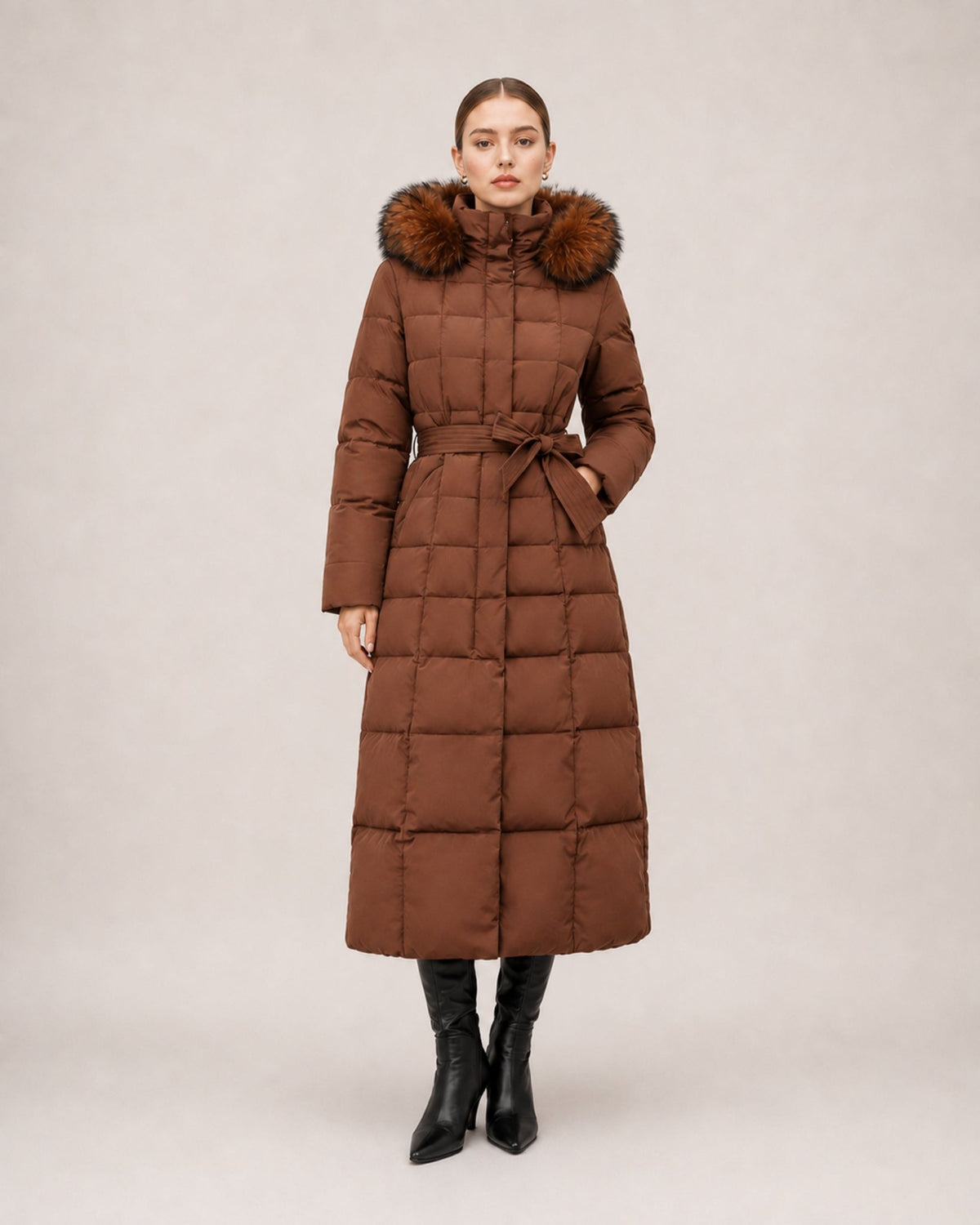 Women's Hooded Quilted Belted Long Puffer Coat