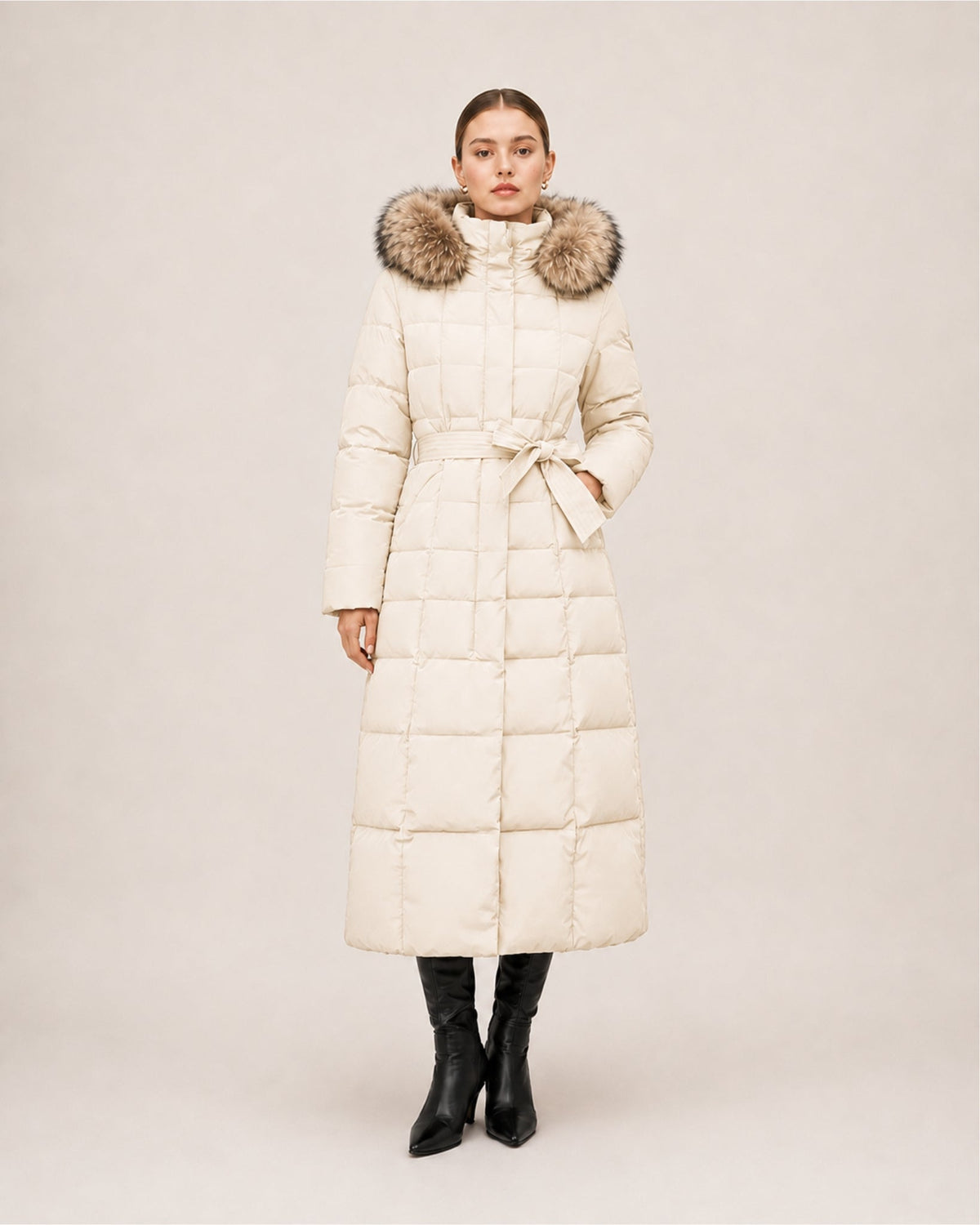 Women's Hooded Quilted Belted Long Puffer Coat