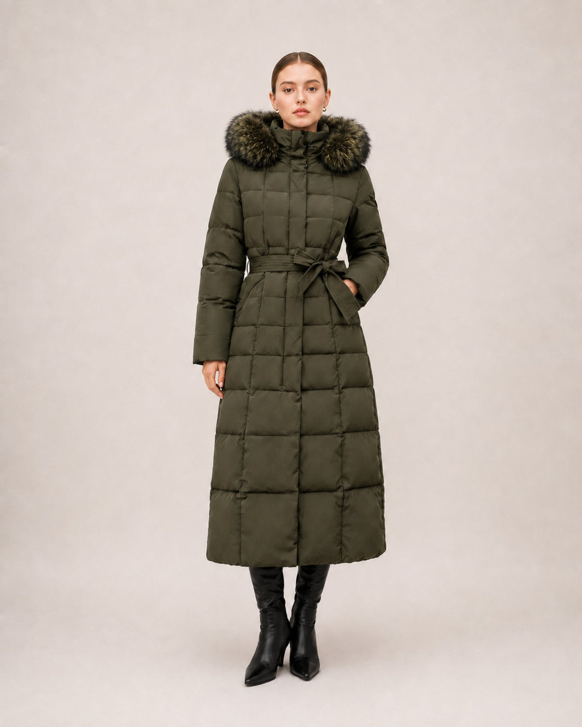 Women's Hooded Quilted Belted Long Puffer Coat