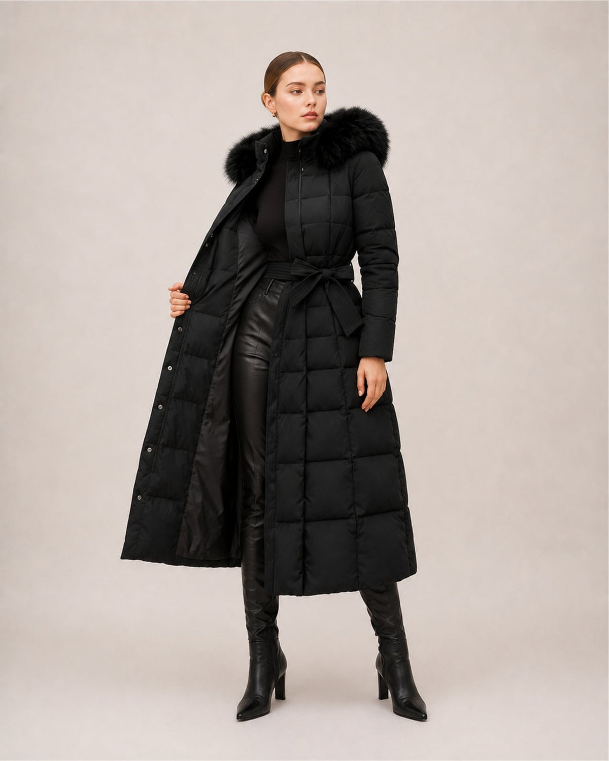 Women's Hooded Quilted Belted Long Puffer Coat