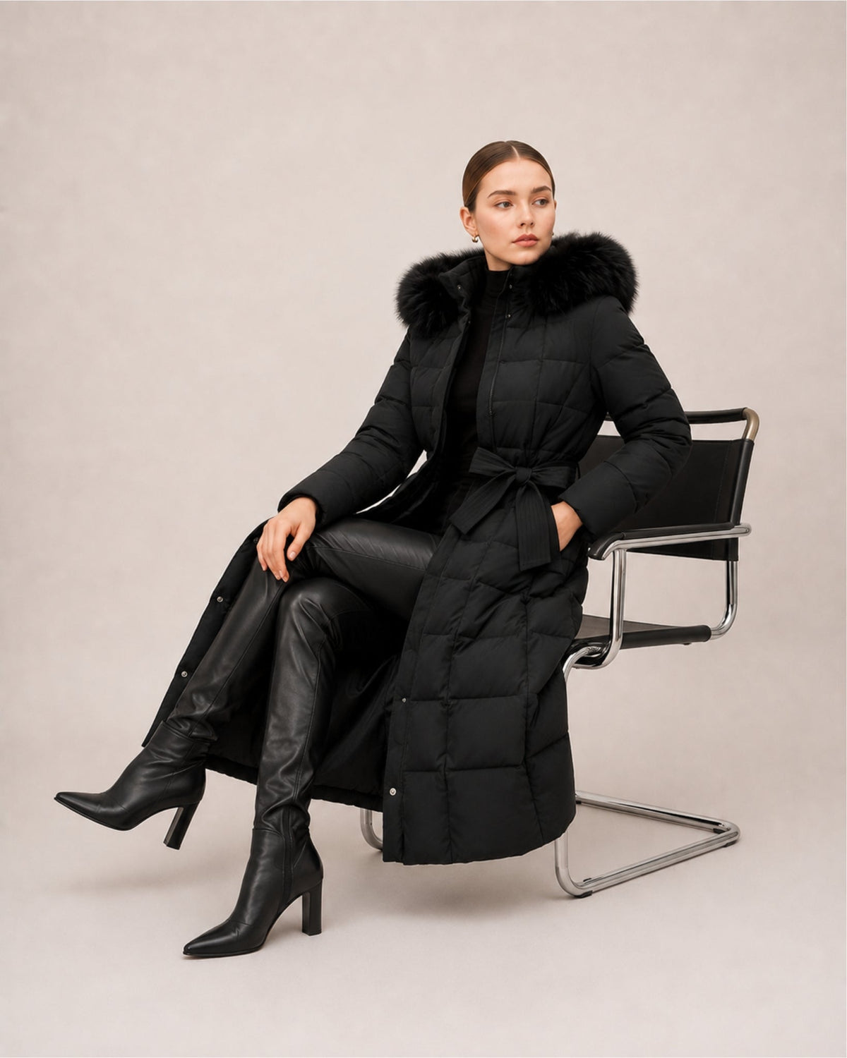 Women's Hooded Quilted Belted Long Puffer Coat