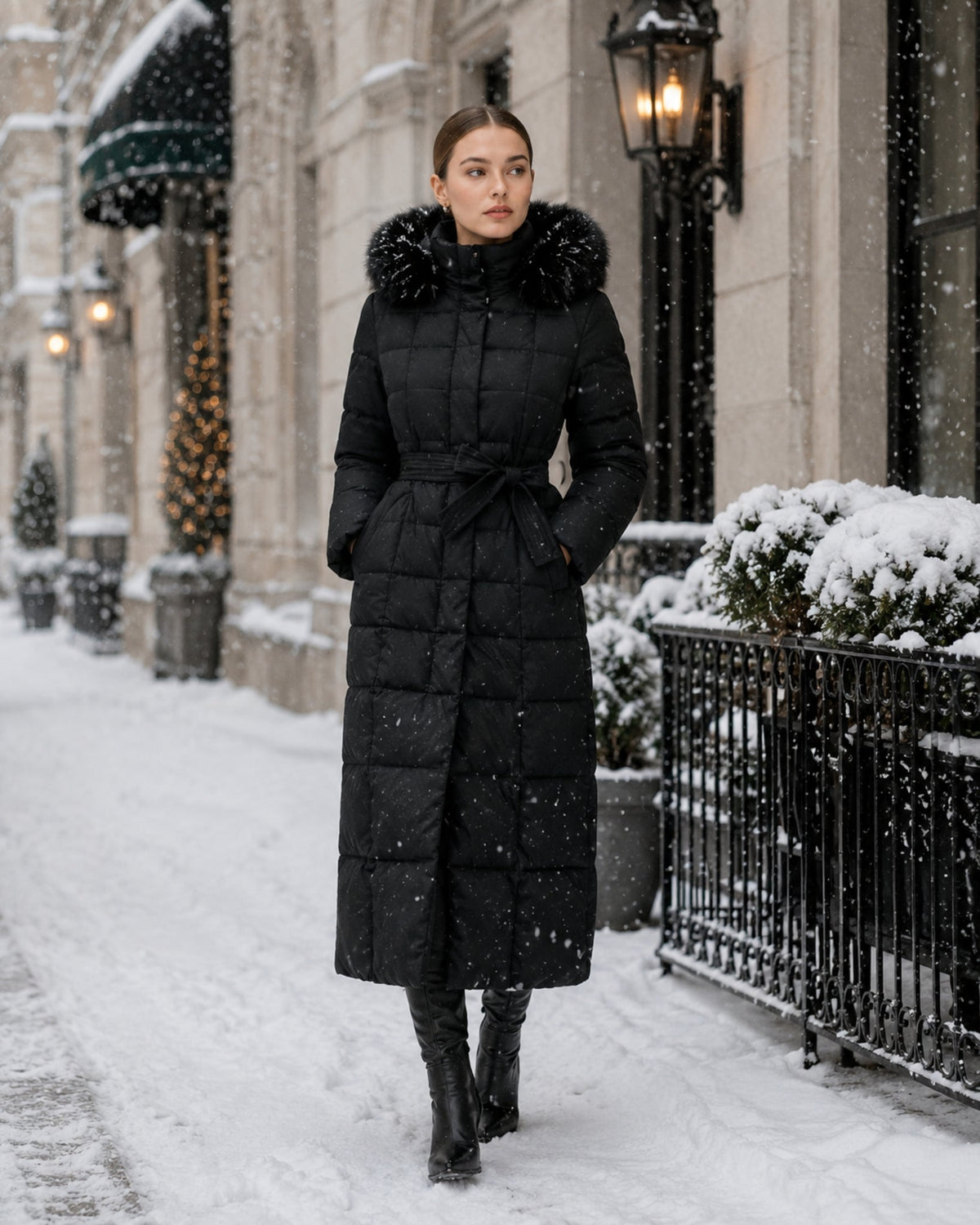 Women's Hooded Quilted Belted Long Puffer Coat