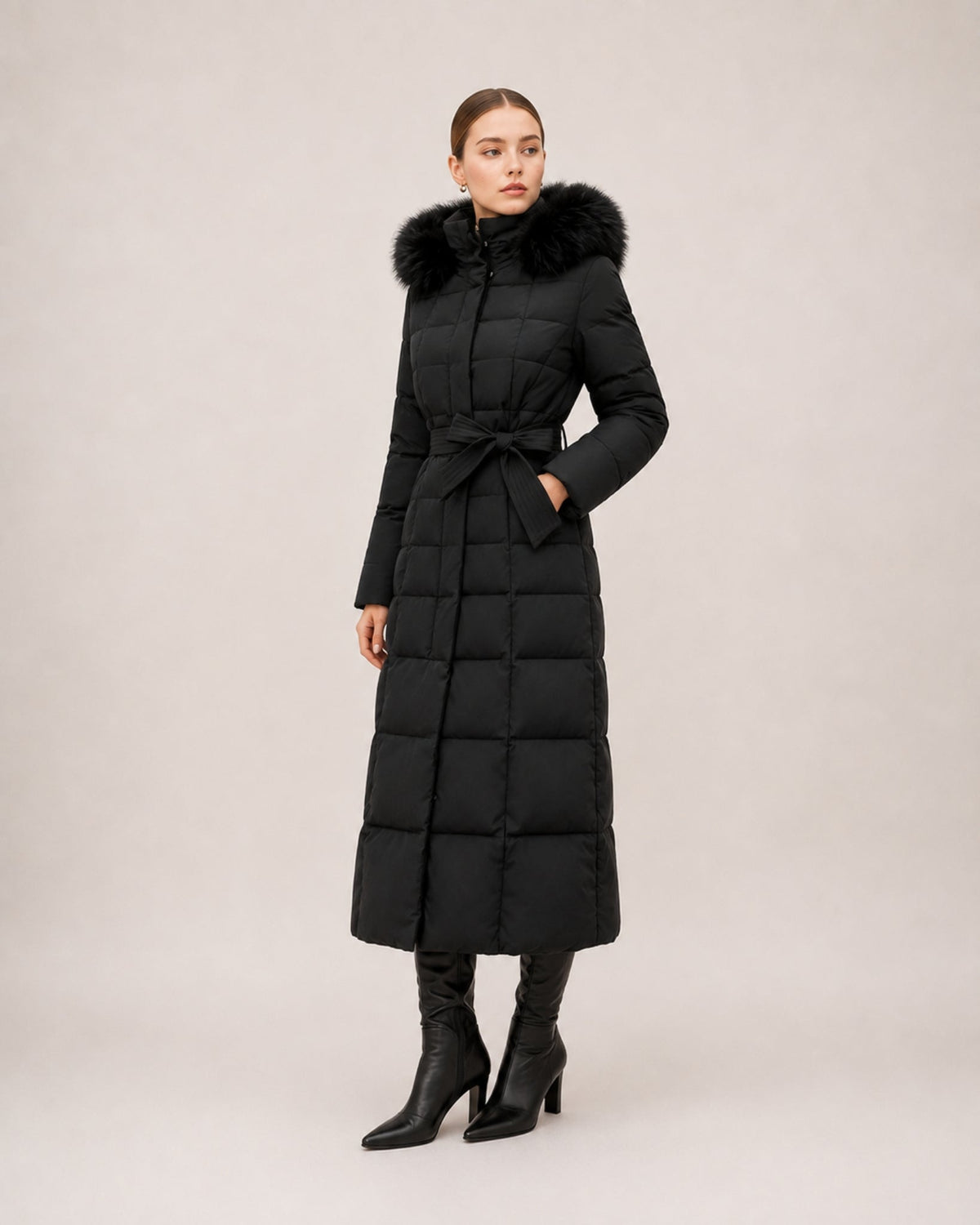 Women's Hooded Quilted Belted Long Puffer Coat