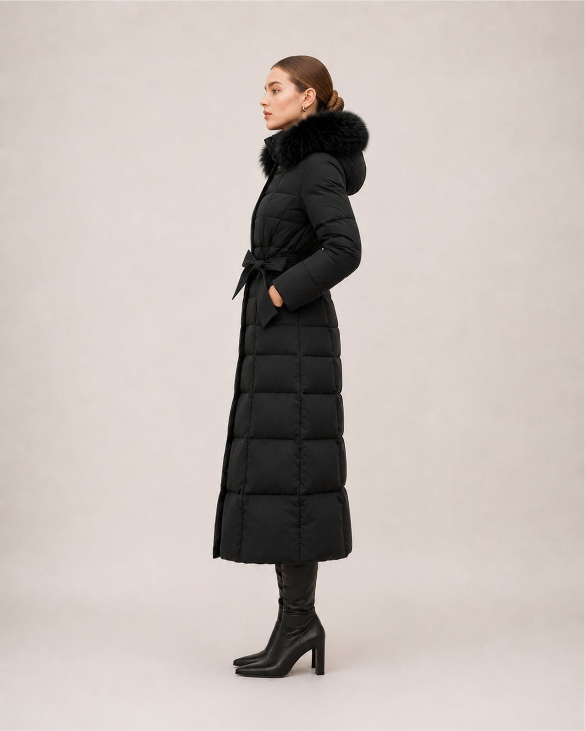 Women's Hooded Quilted Belted Long Puffer Coat
