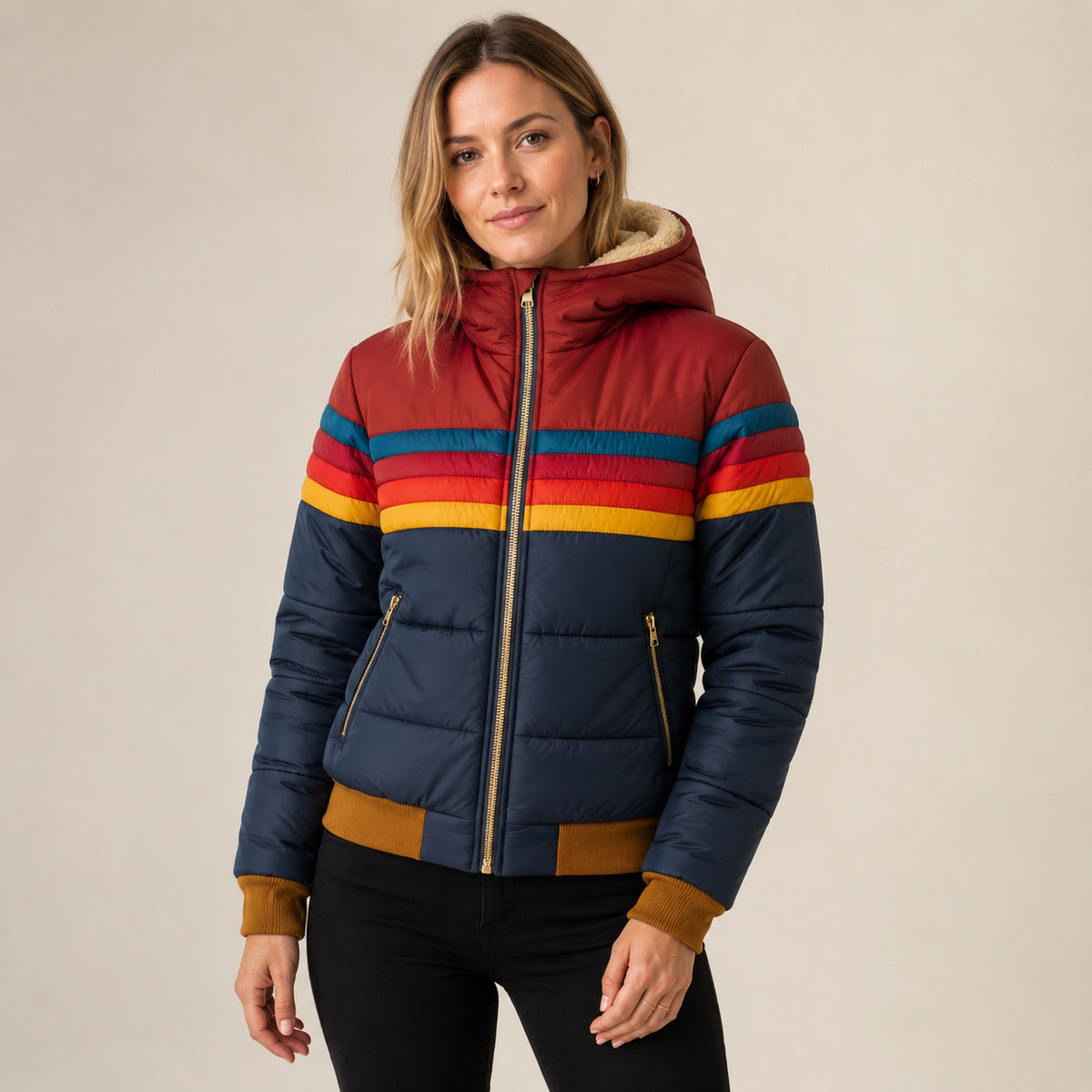 Women's Hooded Striped Waterproof Puffer Jacket