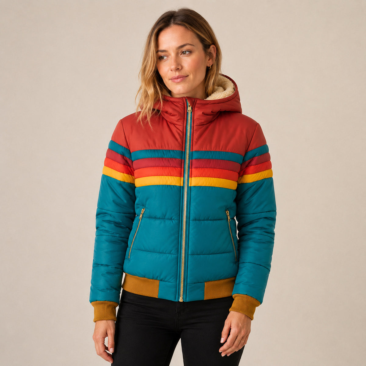 Women's Hooded Striped Waterproof Puffer Jacket