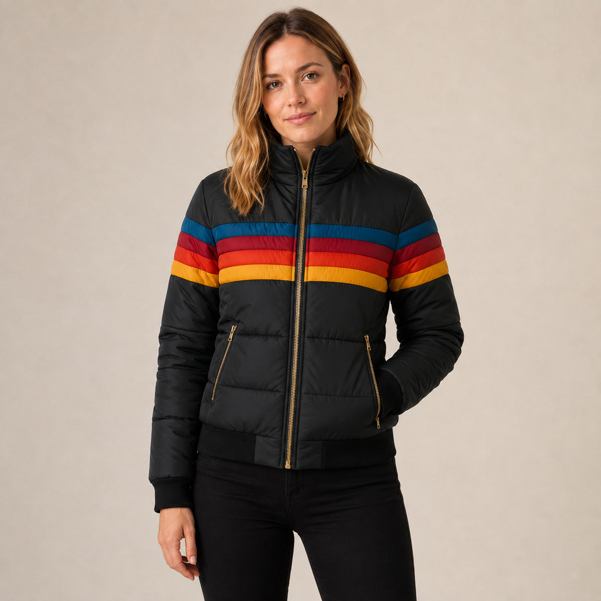 Women's Hooded Striped Waterproof Puffer Jacket