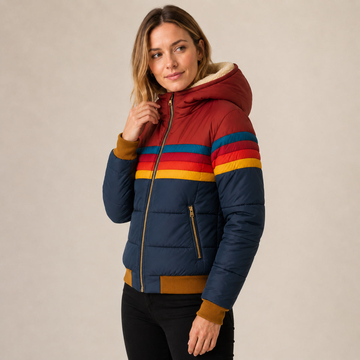 Women's Hooded Striped Waterproof Puffer Jacket