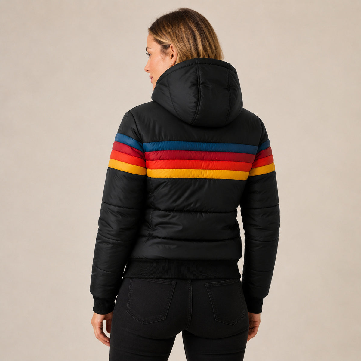 Women's Hooded Striped Waterproof Puffer Jacket