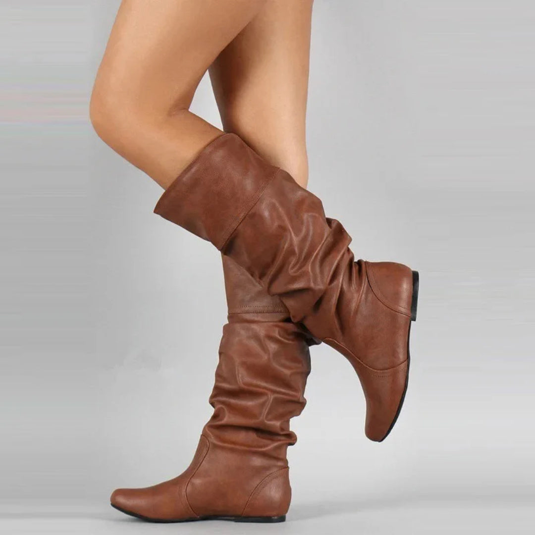 Women's Leather Flat Mid Calf Boots