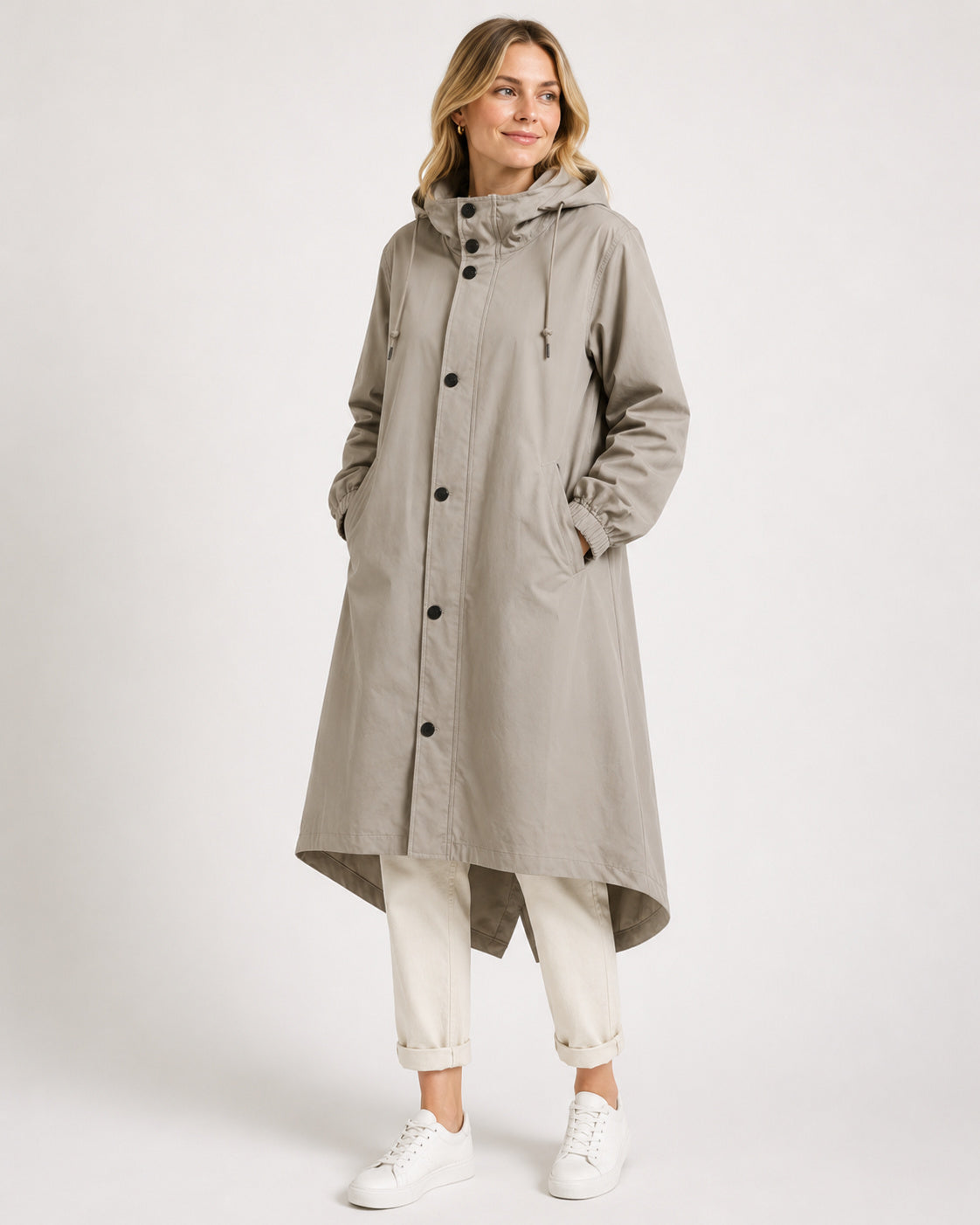 Women's Longline Button-Up Hooded Rain Coat