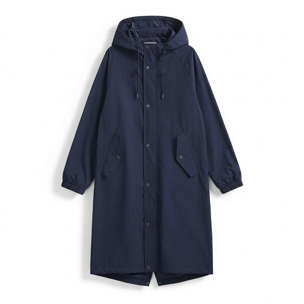 Women's Longline Button-Up Hooded Rain Coat