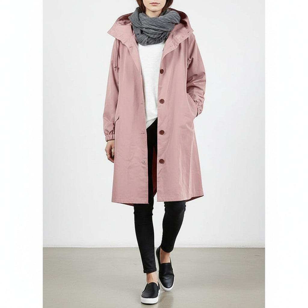 Women's Longline Button-Up Hooded Rain Coat