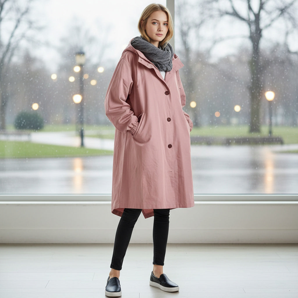 Women's Longline Button-Up Hooded Rain Coat