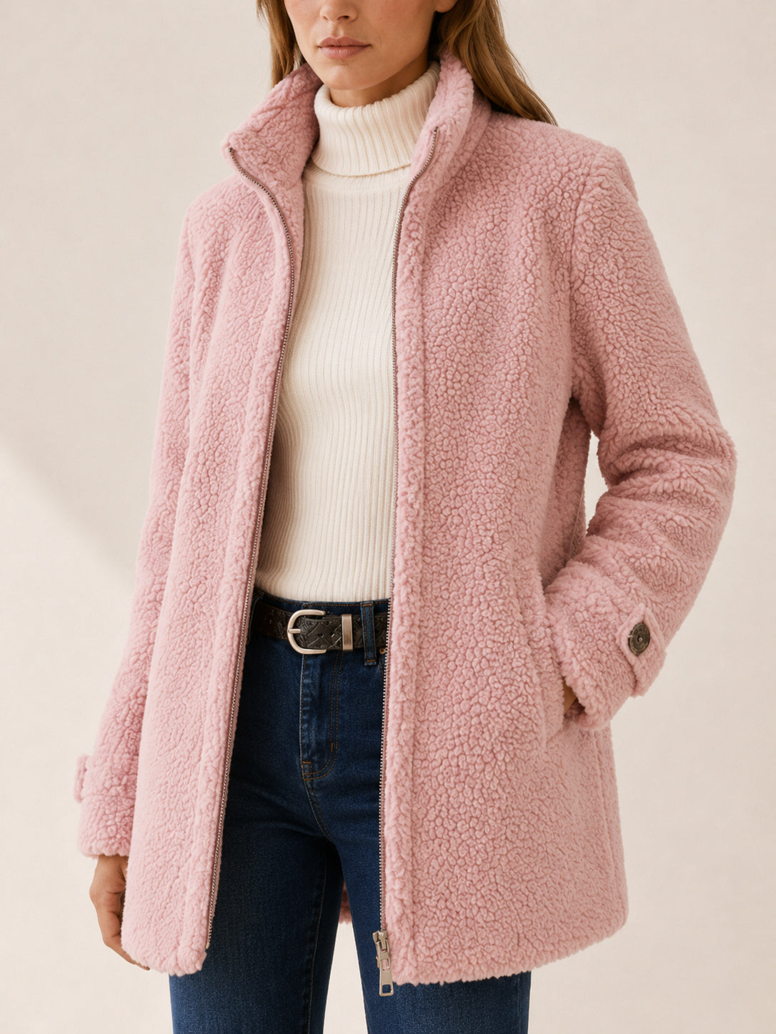 Women's Longline Zip-Up Teddy Fleece Coat