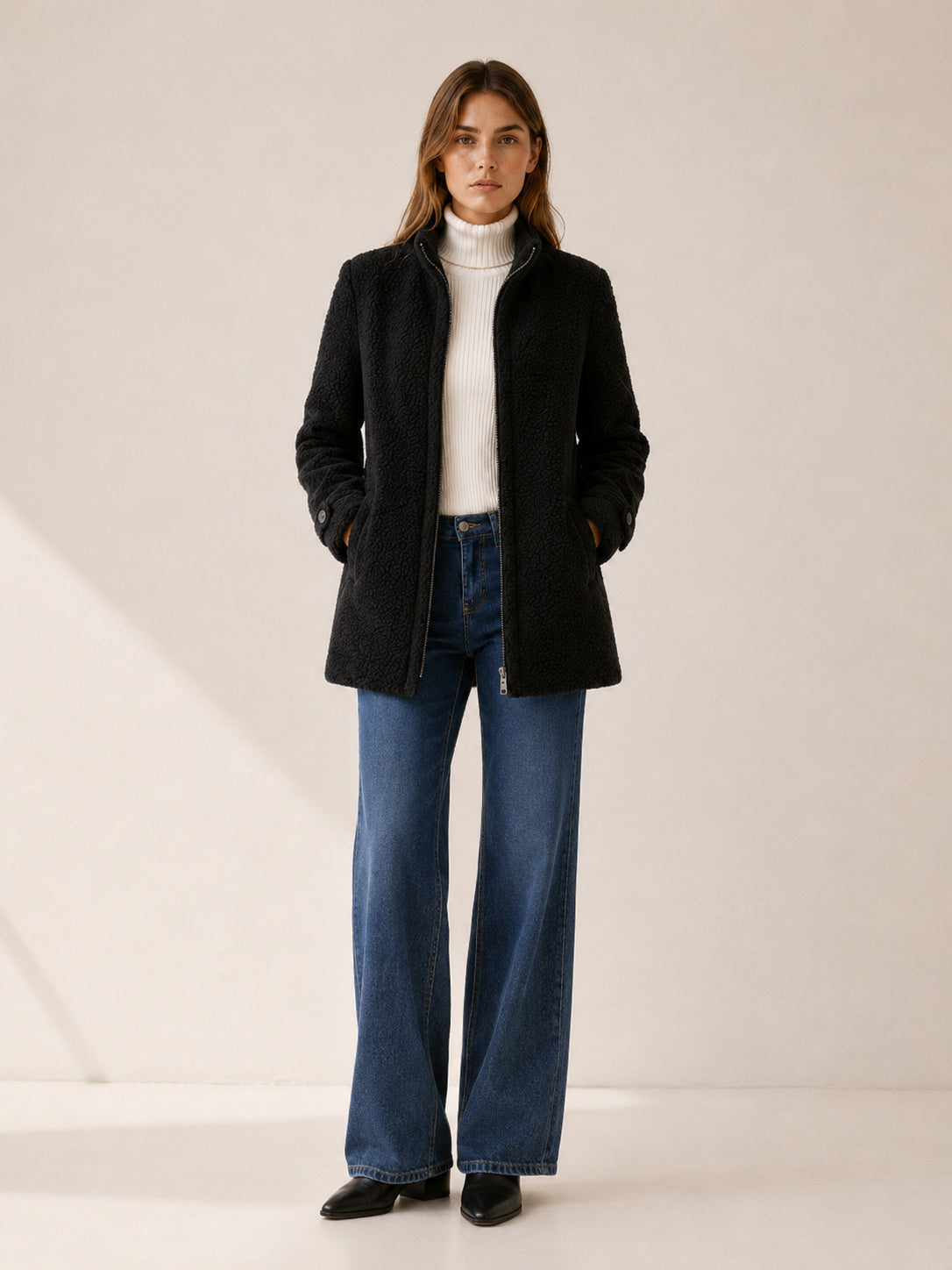 Women's Longline Zip-Up Teddy Fleece Coat