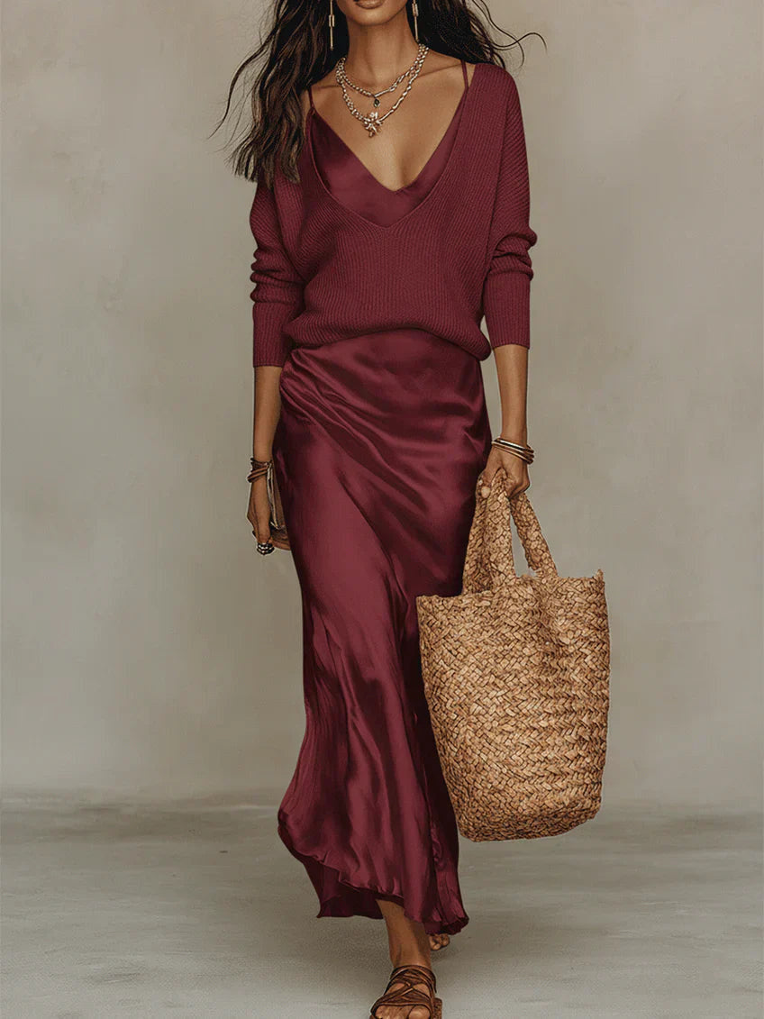 Women's Maxi V Neck Satin Co Ord