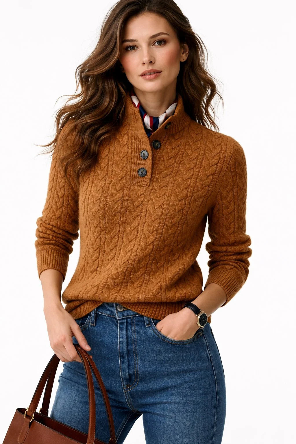 Women's Mock Neck Button-Up Cable Knit Wool Blend Jumper