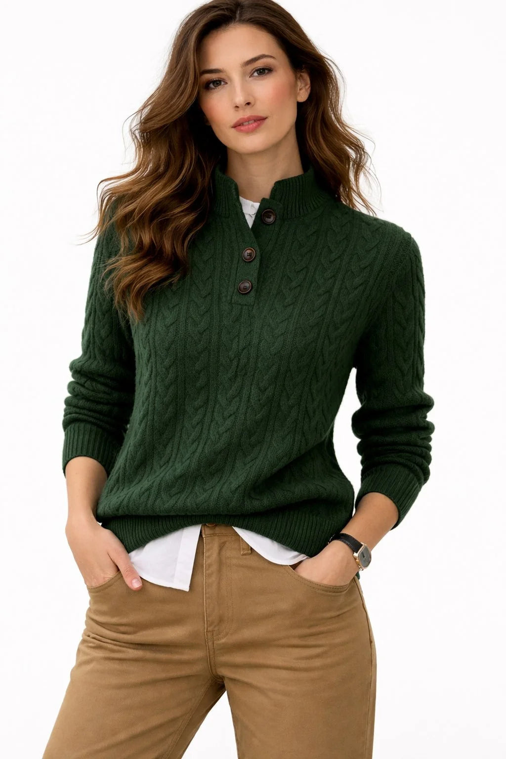 Women's Mock Neck Button-Up Cable Knit Wool Blend Jumper