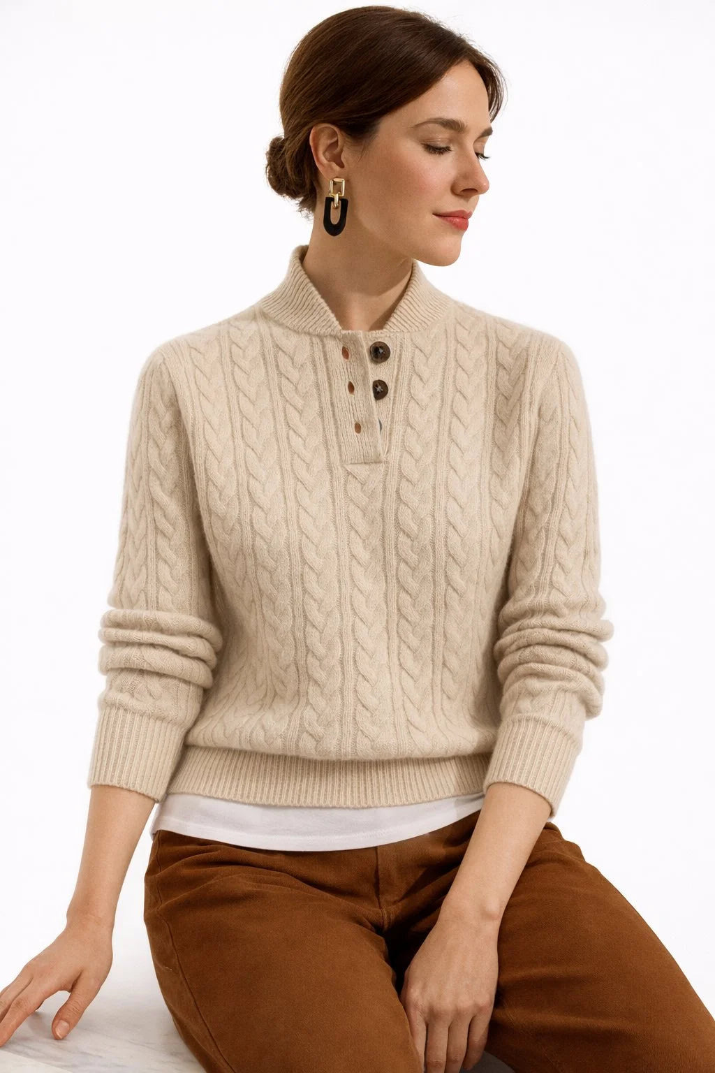Women's Mock Neck Button-Up Cable Knit Wool Blend Jumper