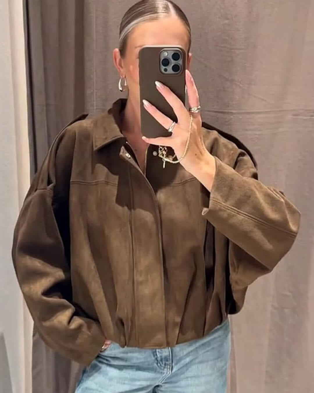 Women's Oversized Collared Suede Bomber Jacket