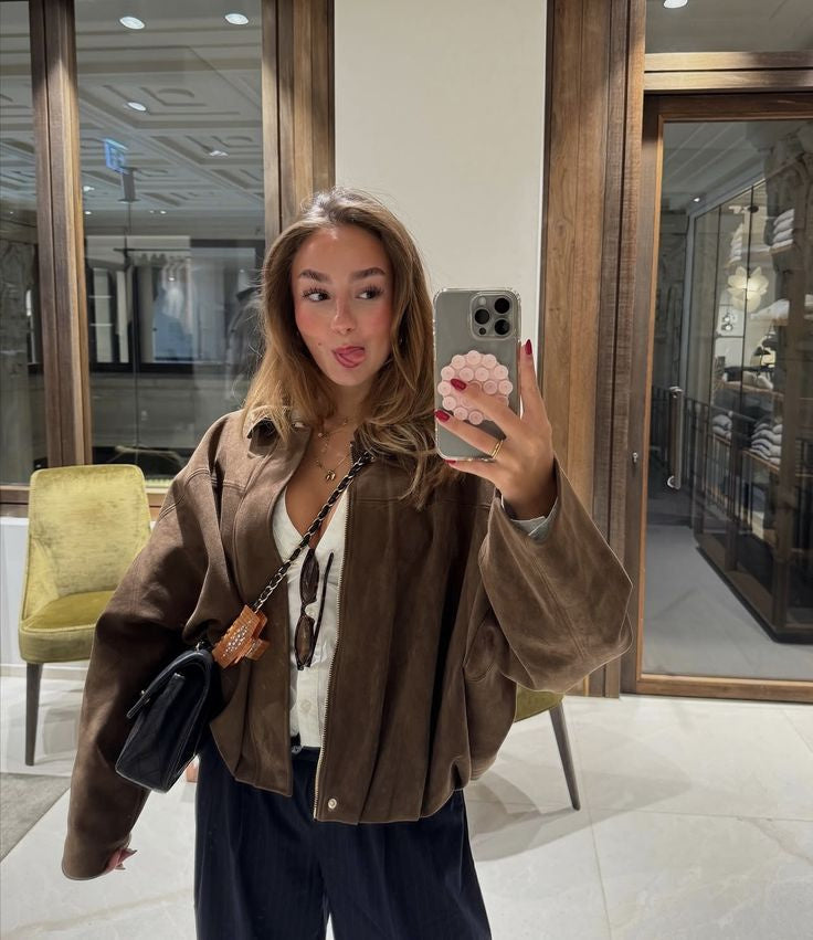 Women's Oversized Collared Suede Bomber Jacket