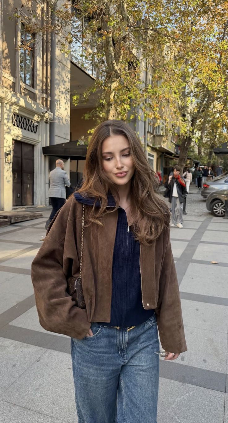 Women's Oversized Collared Suede Bomber Jacket