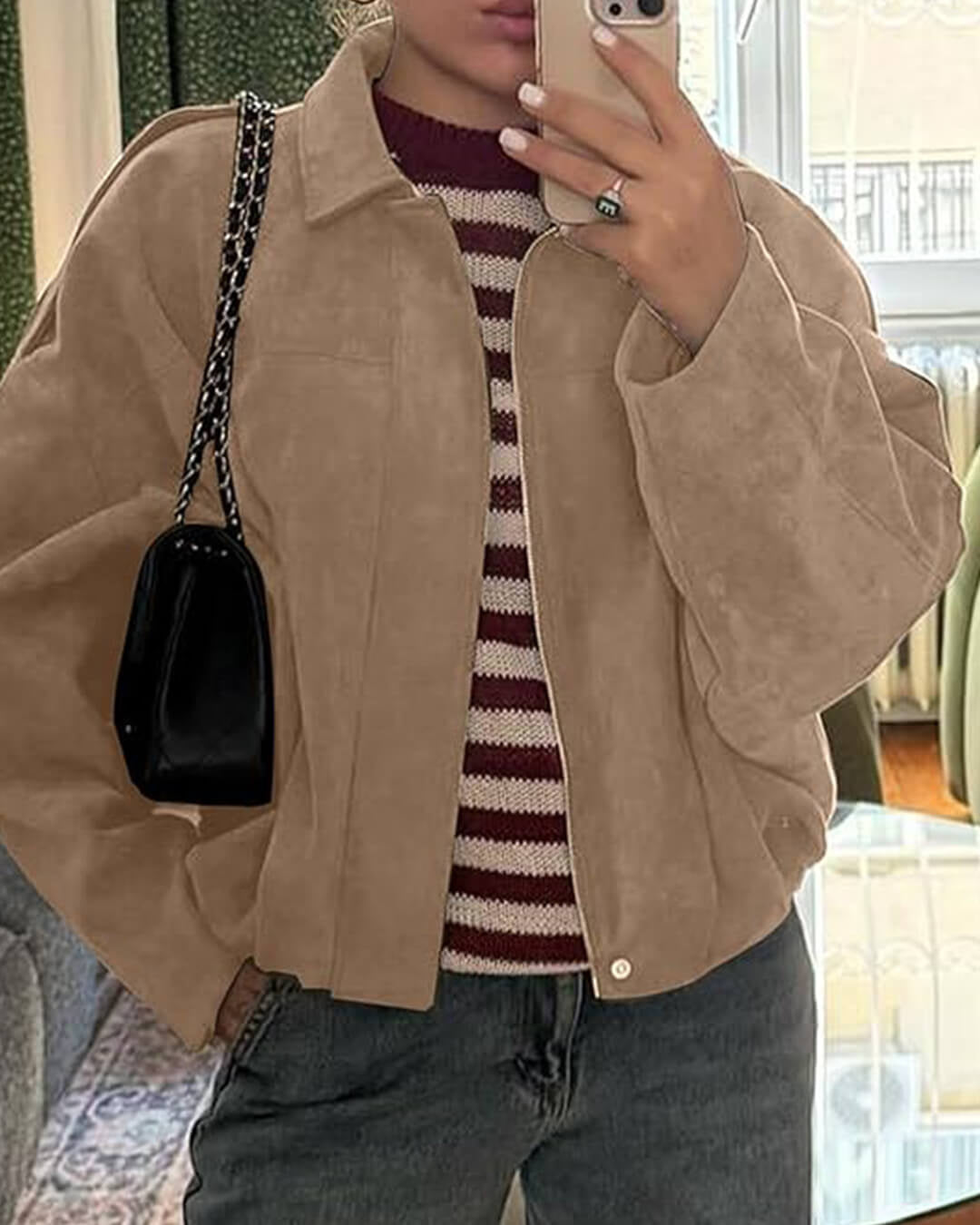 Women's Oversized Collared Suede Bomber Jacket
