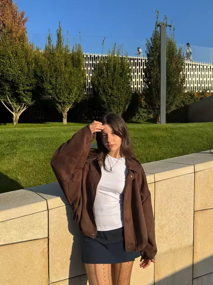 Women's Oversized Collared Suede Bomber Jacket