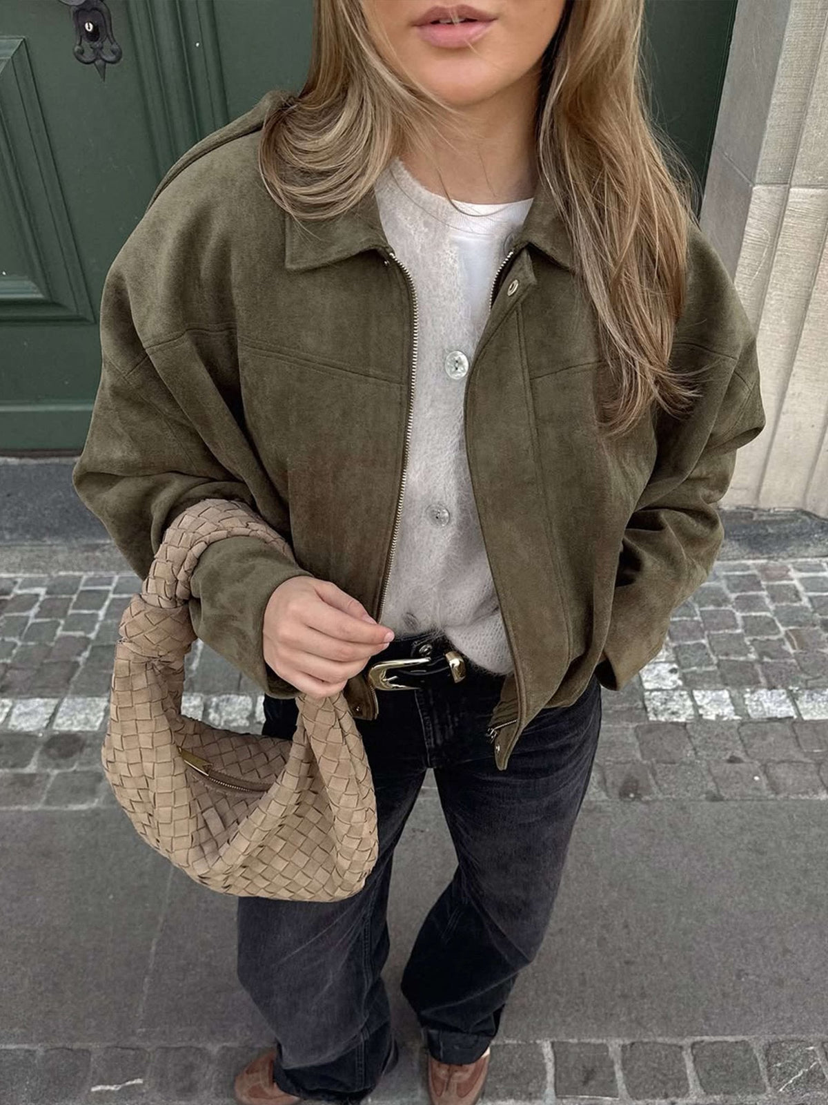 Women's Oversized Collared Suede Bomber Jacket