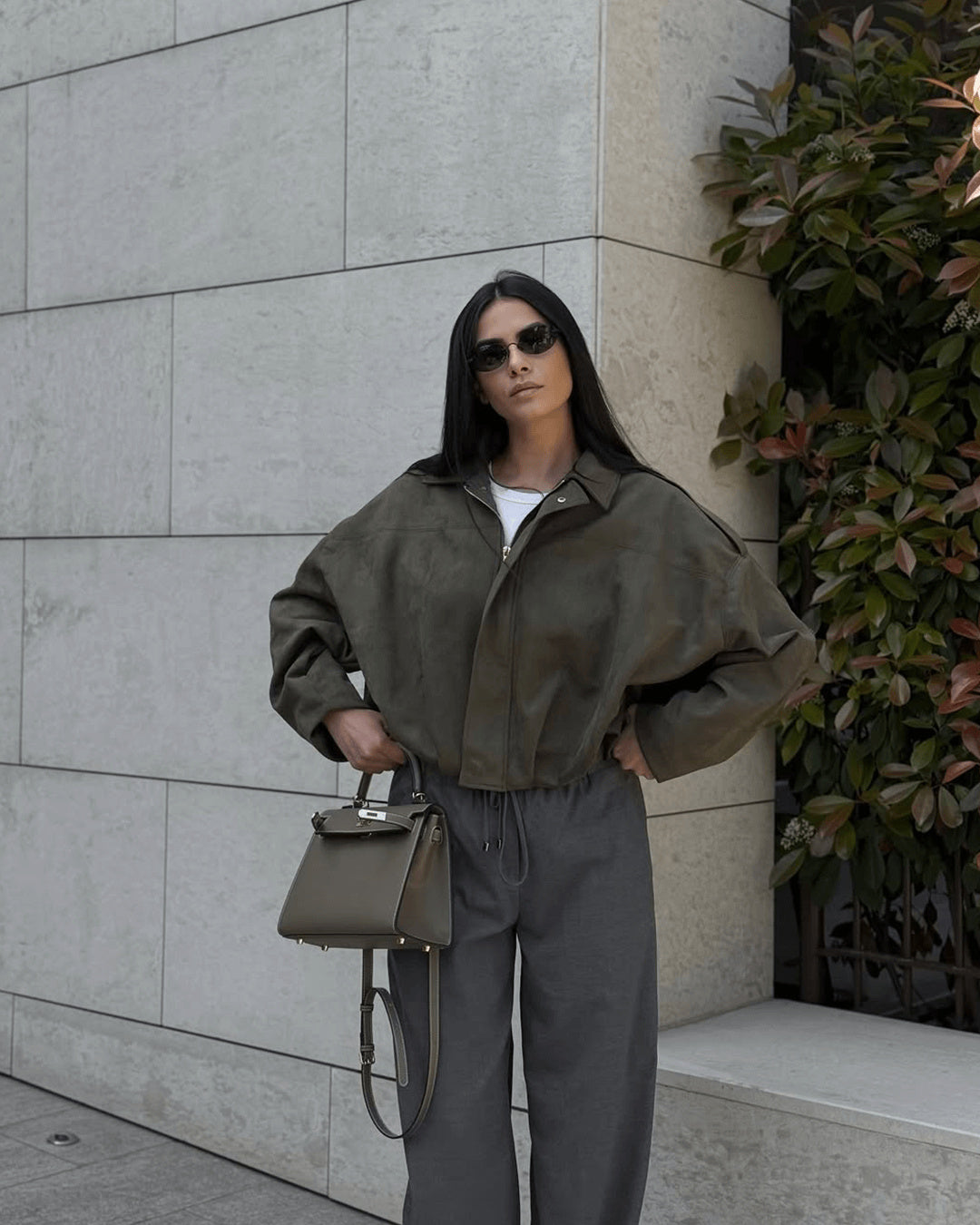 Women's Oversized Collared Suede Bomber Jacket
