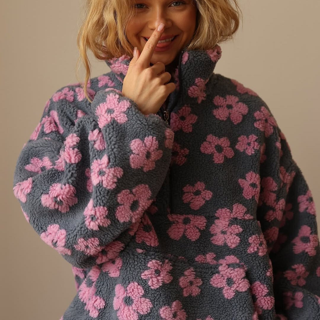 Women's Oversized Floral Teddy Fleece Jacket