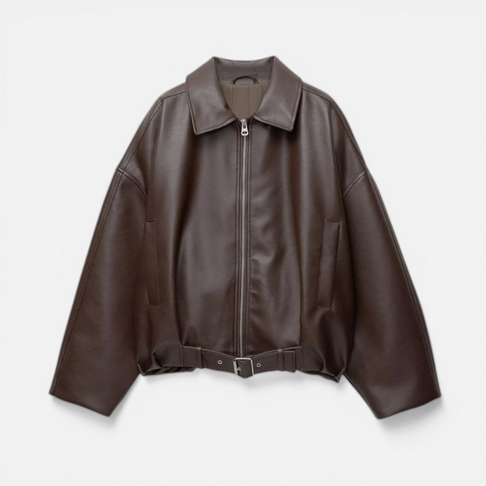 Women's Oversized Plain Cropped Leather Bomber Jacket
