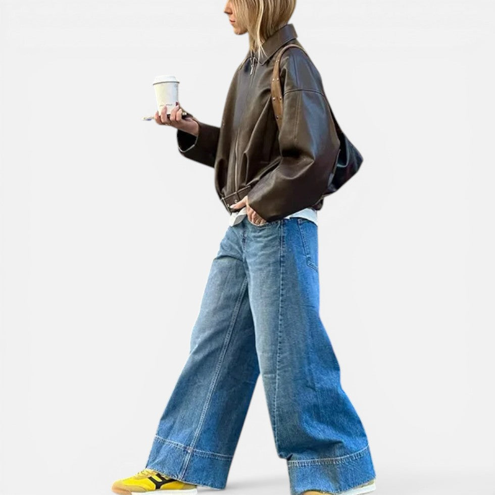 Women's Oversized Plain Cropped Leather Bomber Jacket
