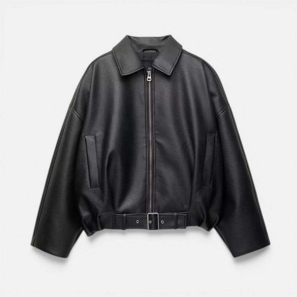 Women's Oversized Plain Cropped Leather Bomber Jacket