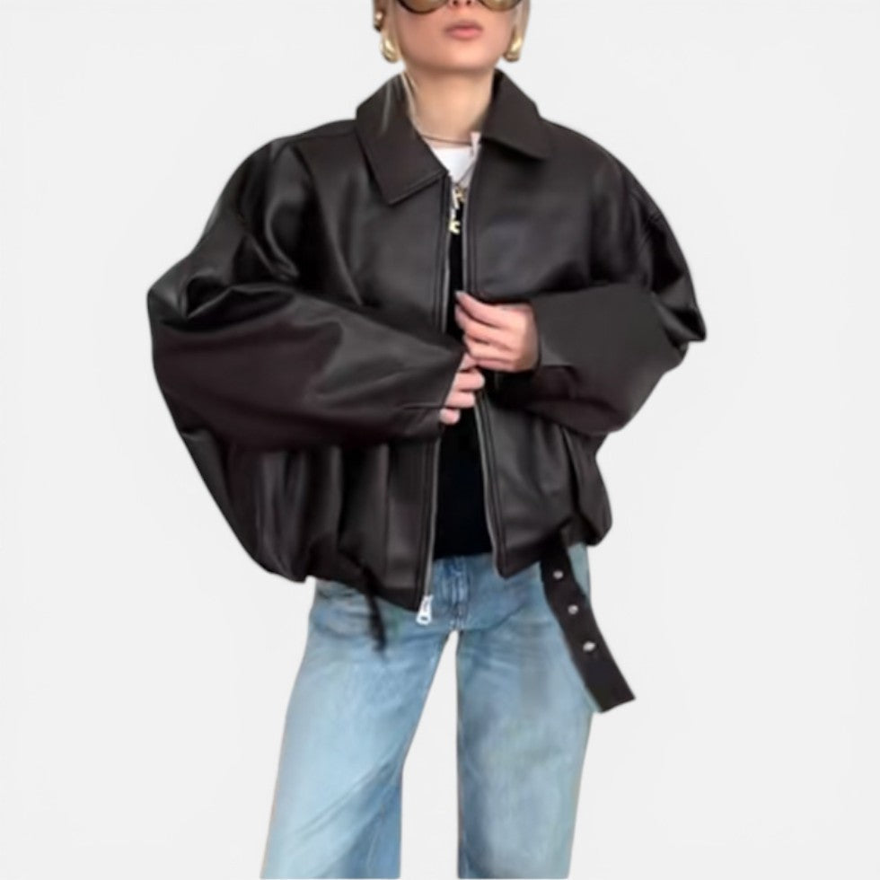Women's Oversized Plain Cropped Leather Bomber Jacket