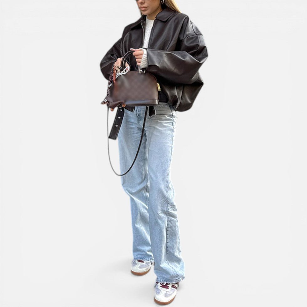 Women's Oversized Plain Cropped Leather Bomber Jacket