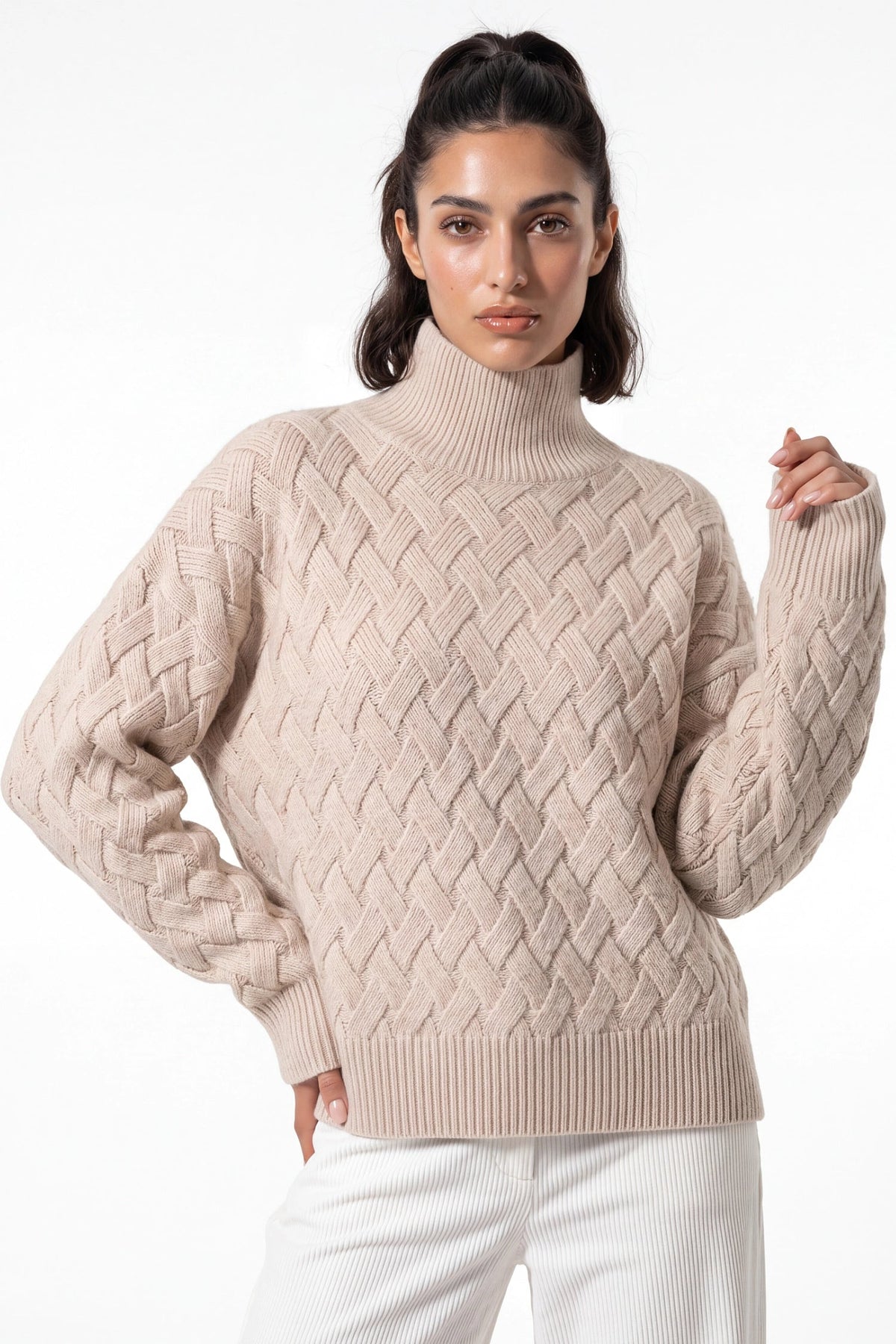 Women's Oversized Roll Neck Textured Knit Jumper