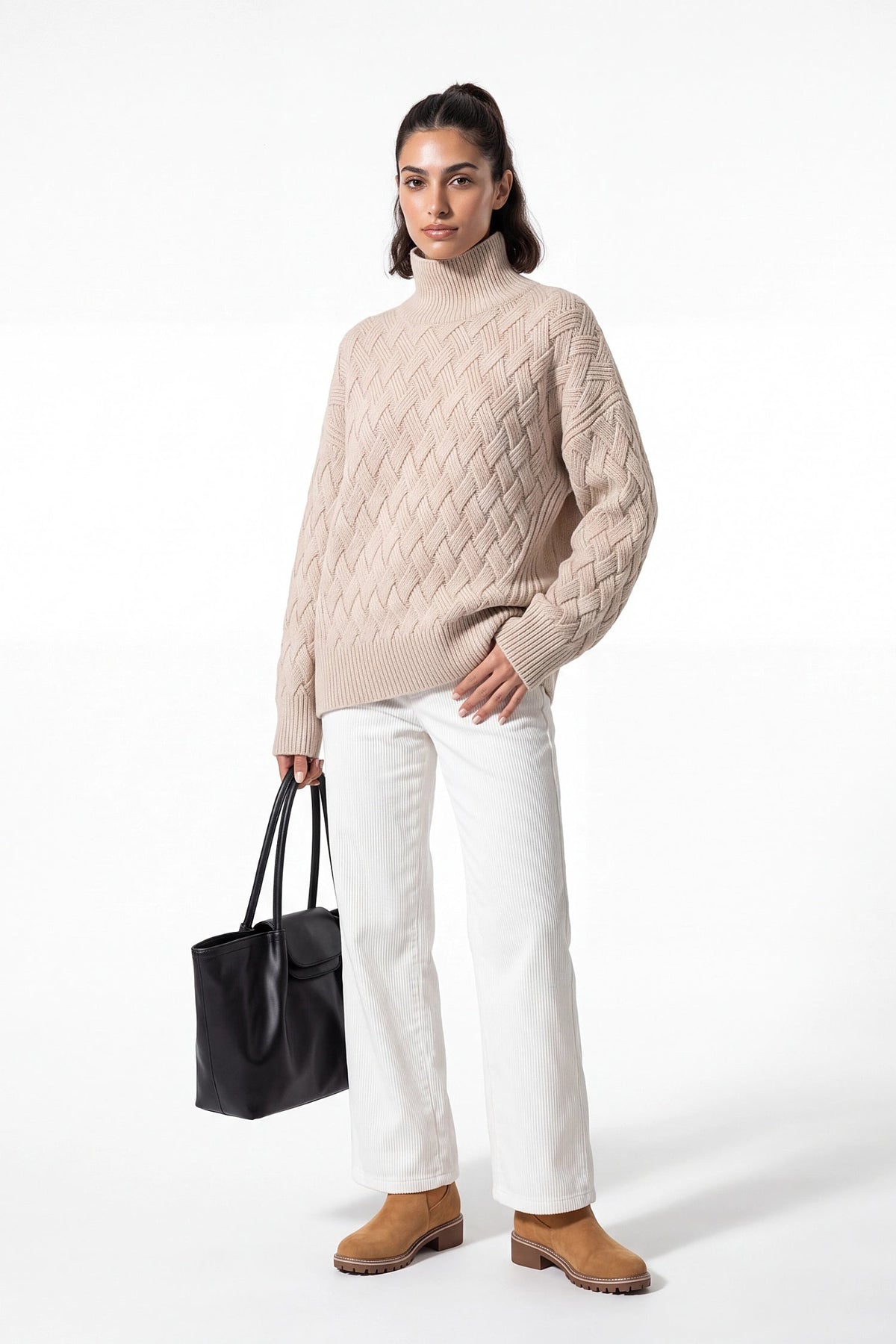 Women's Oversized Roll Neck Textured Knit Jumper