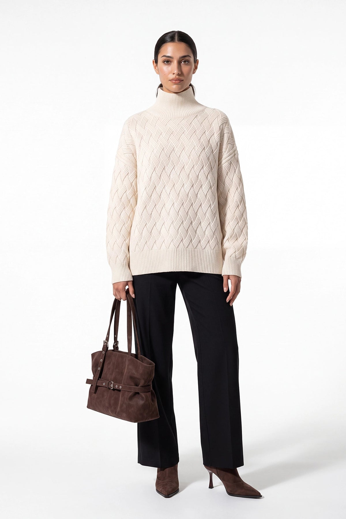 Women's Oversized Roll Neck Textured Knit Jumper