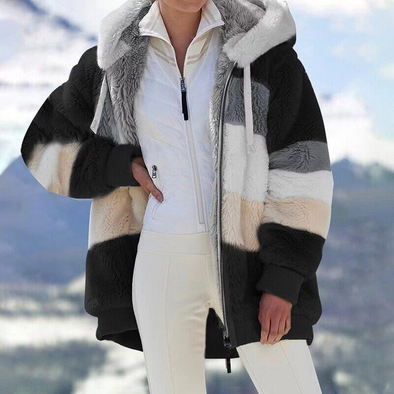 Women's Oversized Zip-Up Colour Block Hooded Jacket