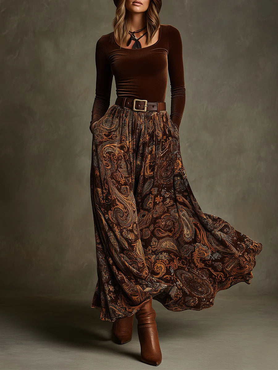 Women's Paisley Velvet Top and Skirt Co Ord Set