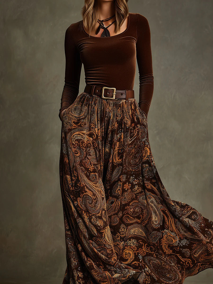Women's Paisley Velvet Top and Skirt Co Ord Set