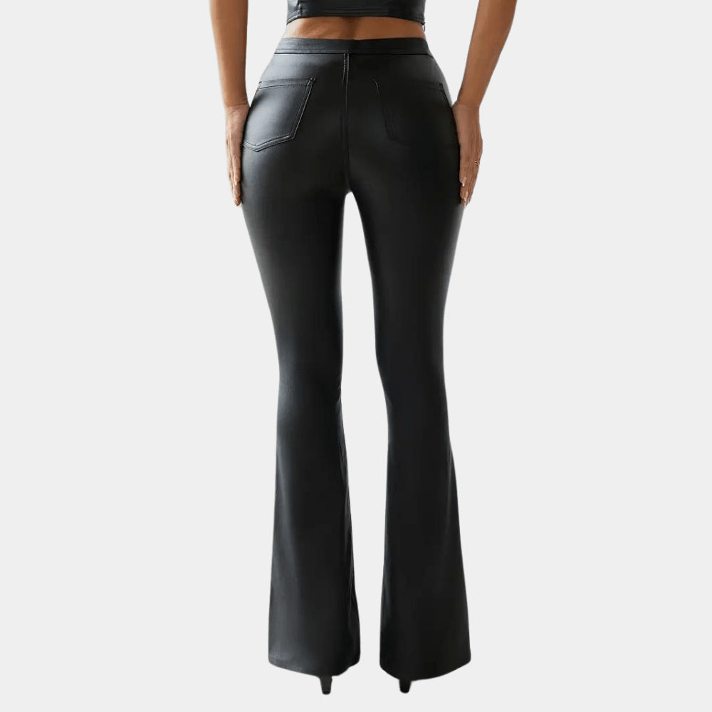 Women's Plain Leather Flared Trousers Women