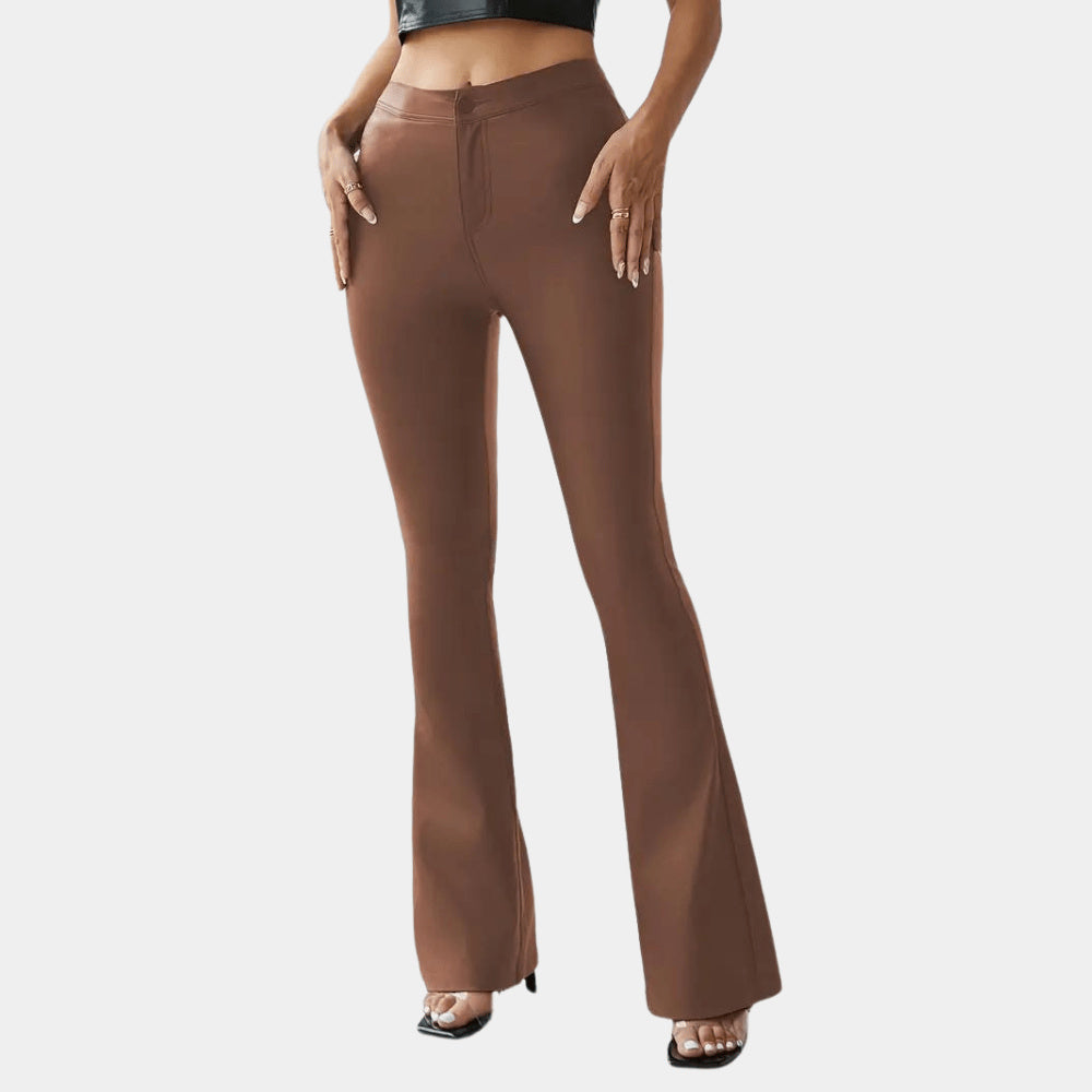 Women's Plain Leather Flared Trousers Women