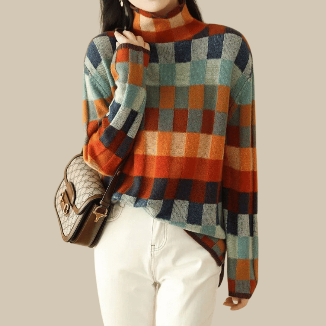 Women's Relaxed Checked Cashmere Roll Neck Jumper