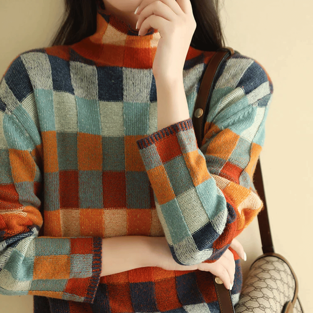 Women's Relaxed Checked Cashmere Roll Neck Jumper