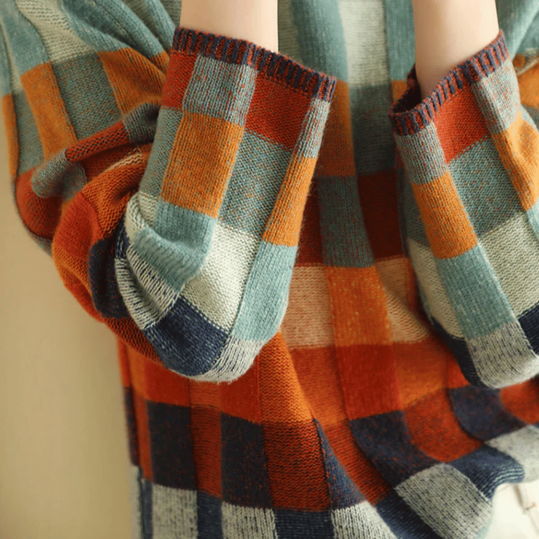 Women's Relaxed Checked Cashmere Roll Neck Jumper