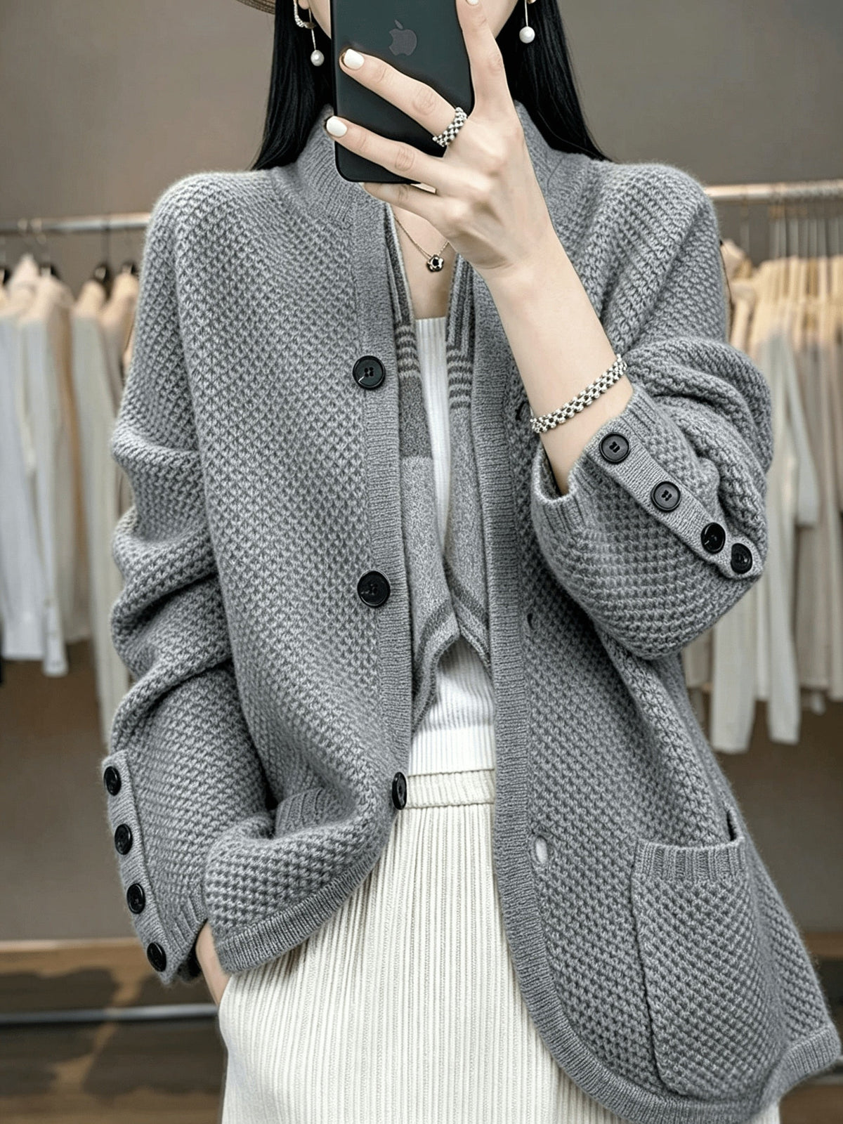 Women's Relaxed High Neck Button Up Cardigan