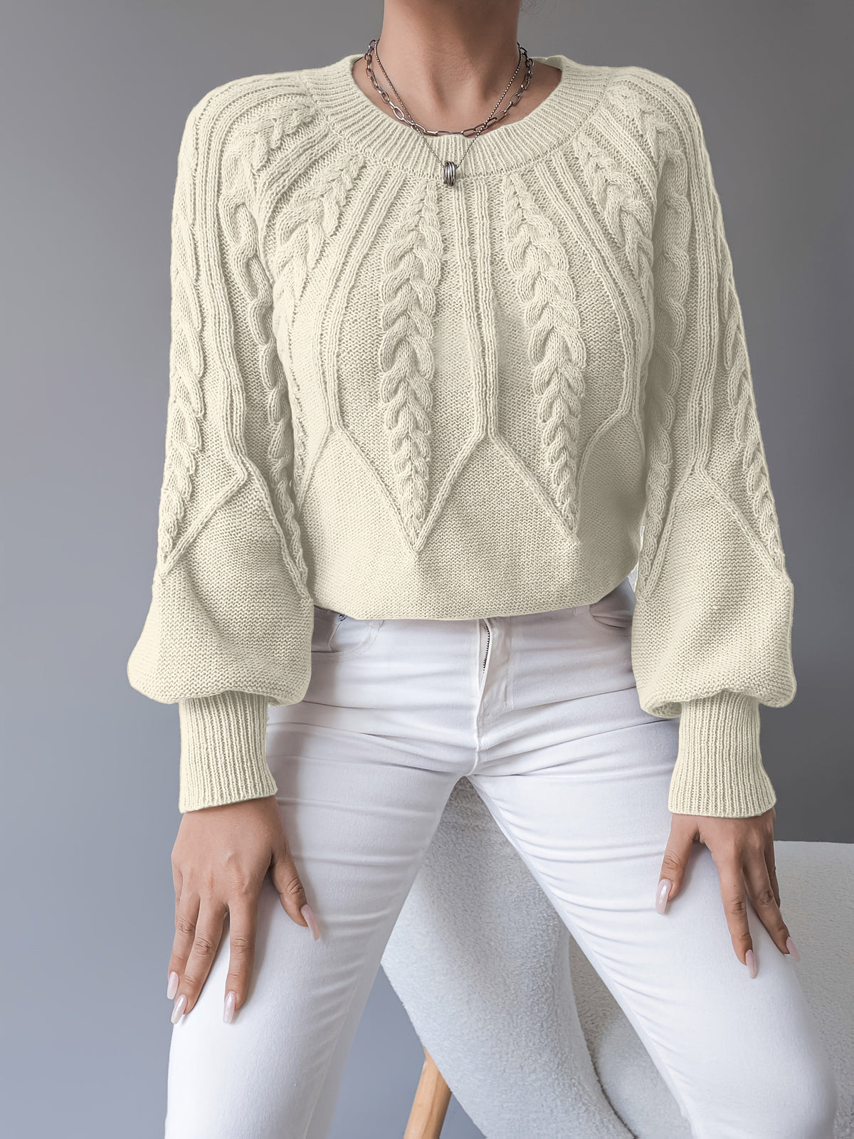 Women's Relaxed Lantern Sleeve Cable Knit Jumper